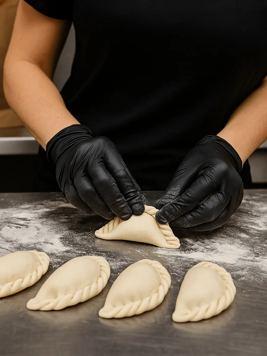 Hand-folding empanadas in the kitchen
